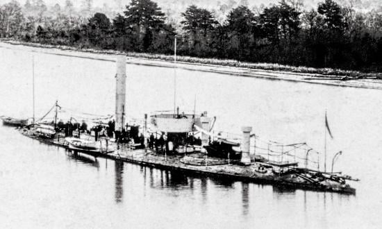 The USS Casco was one of only four light-draft monitors commissioned during the Civil War. She served on the James River from late 1864 through 1865, here near Dutch Gap, in her guise as a torpedo boat.