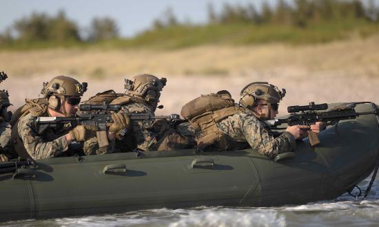 Marines conduct small-boat operations from HMS Albion into Latvia during the 2023 NATO Baltic Operations exercise.