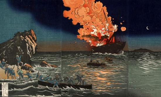 Woodblock print, "Picture of the Naval Battle near Pungdo in Korea," by Kobayashi Kiyochika