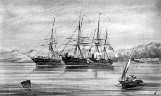 Phototype print depicting the capture of CSS Florida by USS Wachusett at Bahia, Brazil, on 7 October 1864