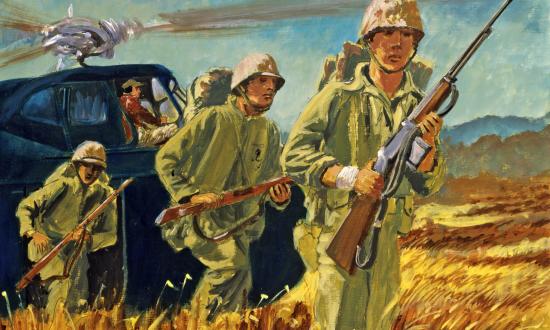1st Marine Division Leathernecks move out after disembarking from an HRS-1 helicopter in a Korean War painting by combat artist Colonel Avery Chenoweth
