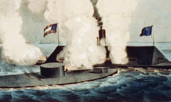 First clash of ironclads: the USS Monitor (left ) vs. the CSS Virginia, 9 March 1862.