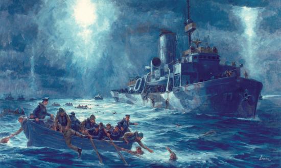 Coast Guardsmen from the cutter Escanaba come to the rescue of the torpedoed transport Dorchester’s survivors on 3 February 1943, as depicted by Robert Lavin