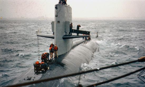 USS Scorpion (SSN-589) as seen from the USS Tallahatchie County (AVB-2) outside Claywall Harbor, Naples, Italy in April 1968, shortly before Scorpion departed on her last voyage.
