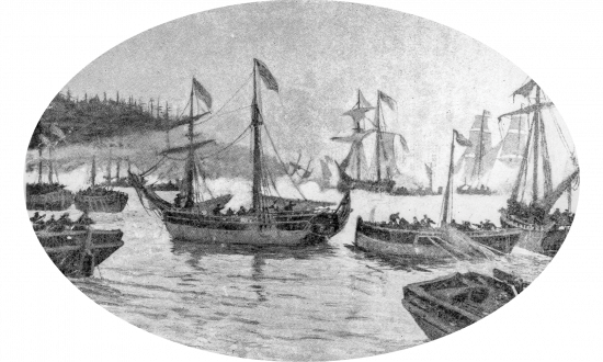 An illustration depicting the Battle of Valcour Island on 11 October 1776.