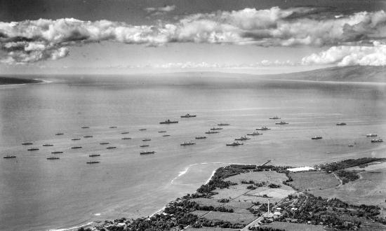 The battle fleet anchored at Lahaina, Maui, in 1932