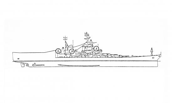 Port broadside diagram of Phase II battleship configuration with aft hangar, ski-jump flight deck, and VLS.