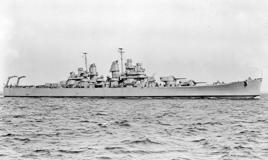 Starboard broadside view of the USS Baltimore (CA-68)