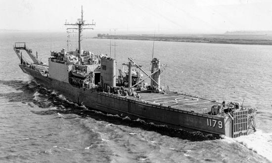 Port quarter view of the USS Monmouth County (LST-1032)  