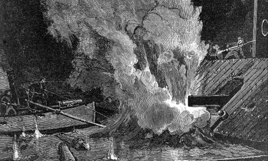 Engraving of Cushing torpedoing the Albermarle by J O. Johnston