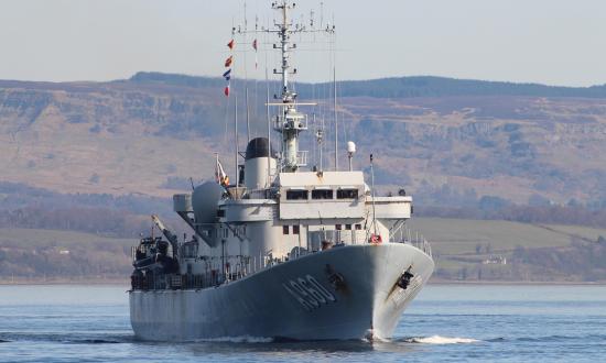 BNS Godetia (A960), a command and logistical support vessel of the Belgian Navy, passing Greenock at the start of Exercise Joint Warrior 17-1
