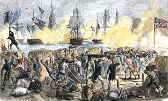 A Royal Navy fleet bombards Fort Sullivan in Charleston Harbor on 28 June 1776.