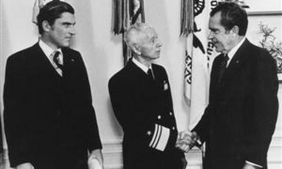 Admiral Hyman G. Rickover was one of the most influential officers in the post-World War II Navy and that influence is still felt today. Here Secretary of the Navy John Warner looks on as Rickover is congratulated by President Richard Nixon on his promoti
