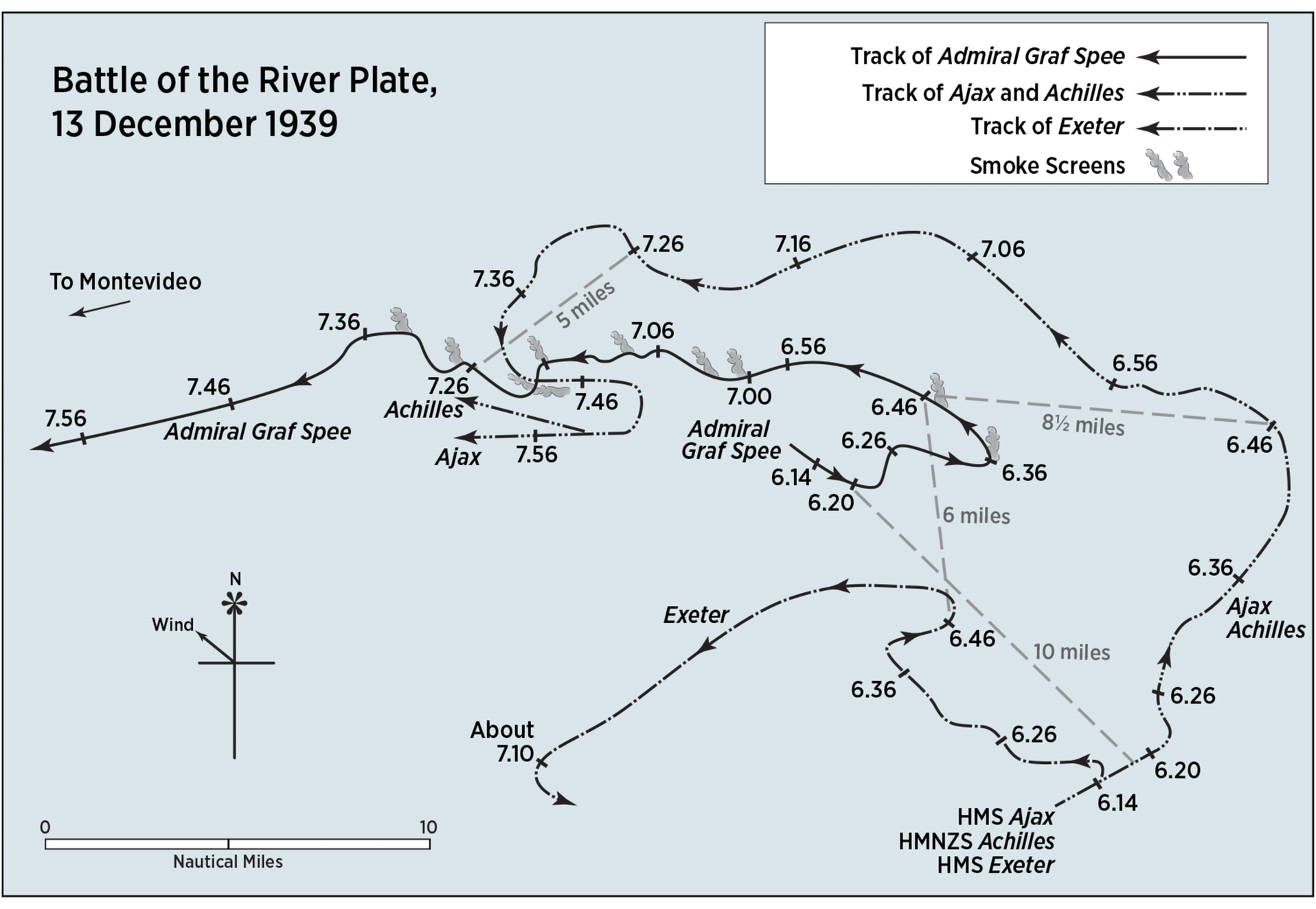 Battle map of the Battle of the River Plate, 13 December 1939