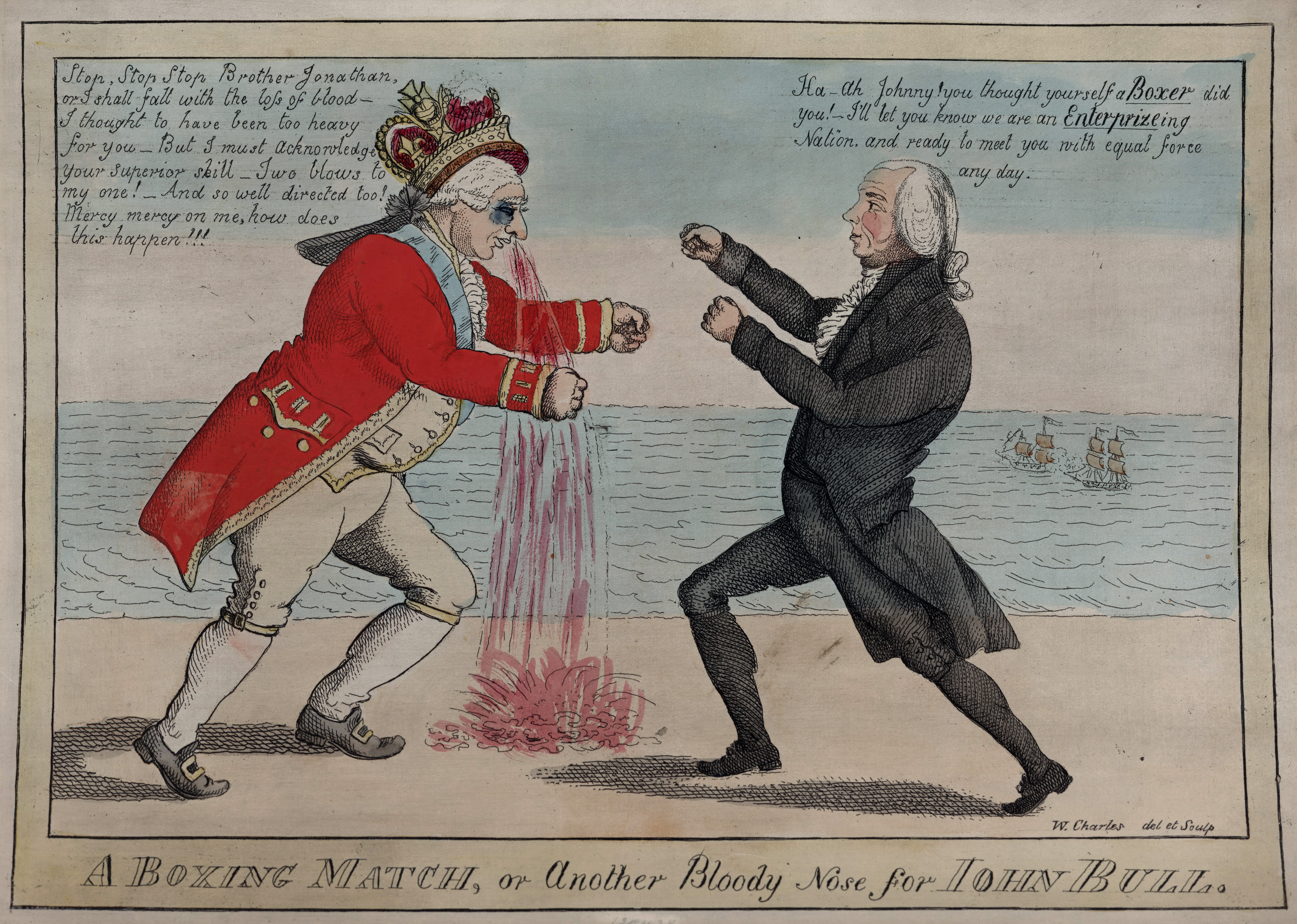 Political Cartoon, "A Boxing Match, or Another Bloody Nose for John Bull" by W. Charles
