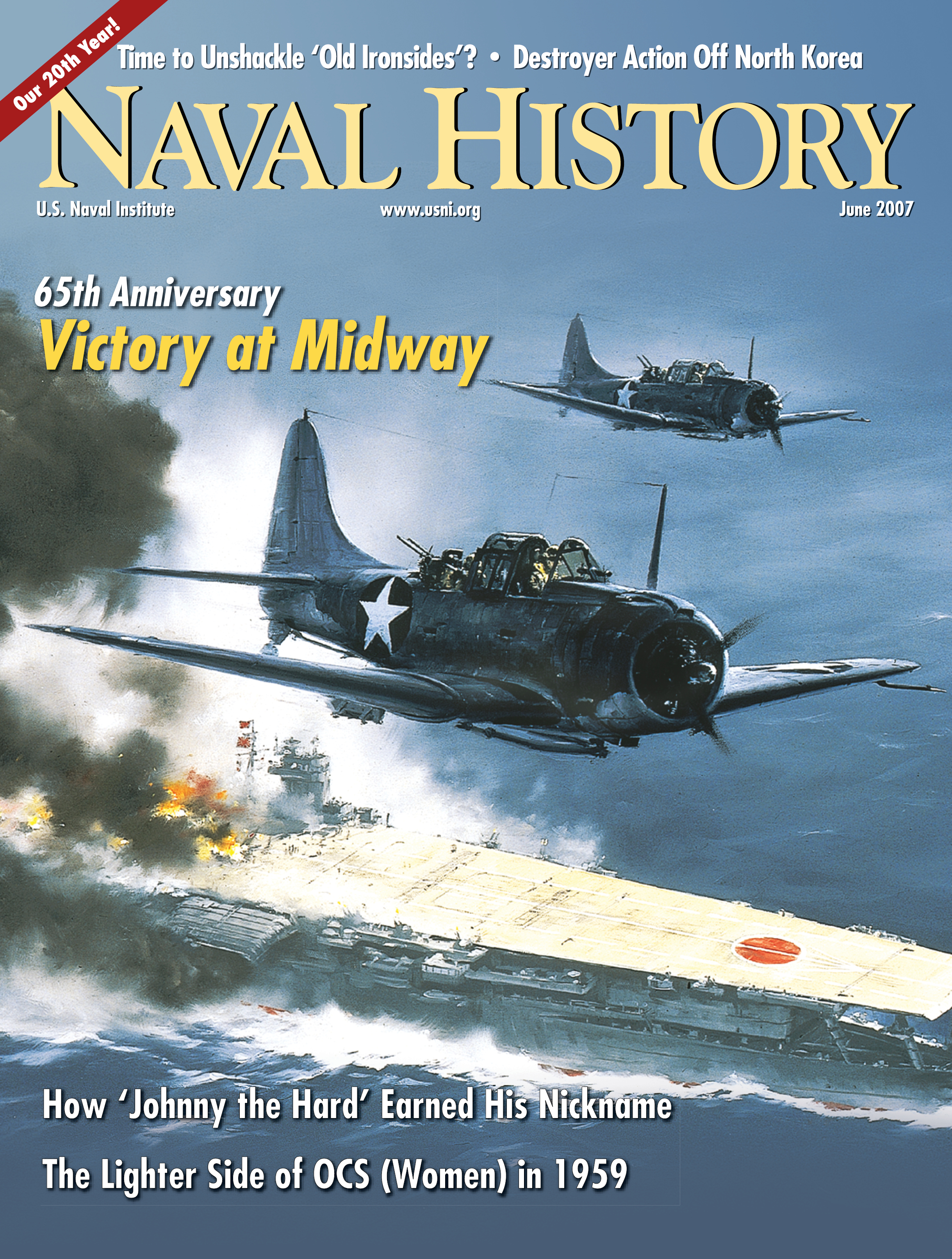U.S. Navy SBD Dauntlesses fly over the burning Akagi in R. G. Smith’s painting The Battle of Midway