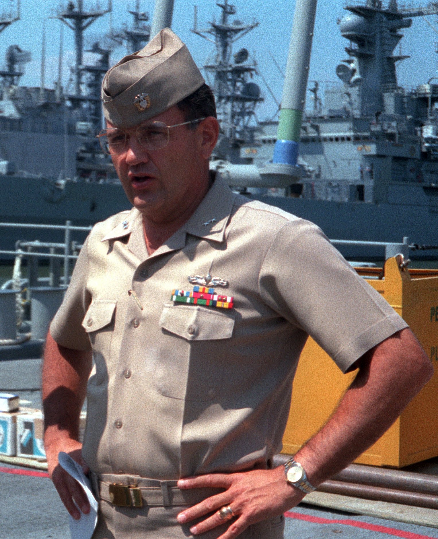 Rear Adm. Philip A. Dur, commander, Cruiser Destroyer Group Eight, speaks with the commander of the guided missile cruiser USS ANZIO (CG-68) during his visit aboard the vessel