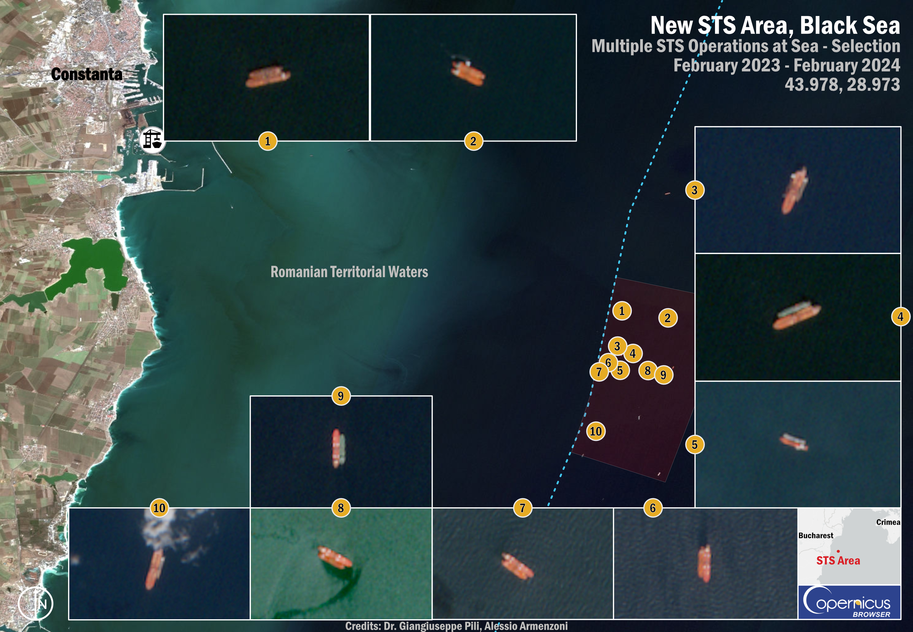 Figure 10: Constanța coastline transshipments. Imagery provided by European Space Agency. Annotated by the authors. 