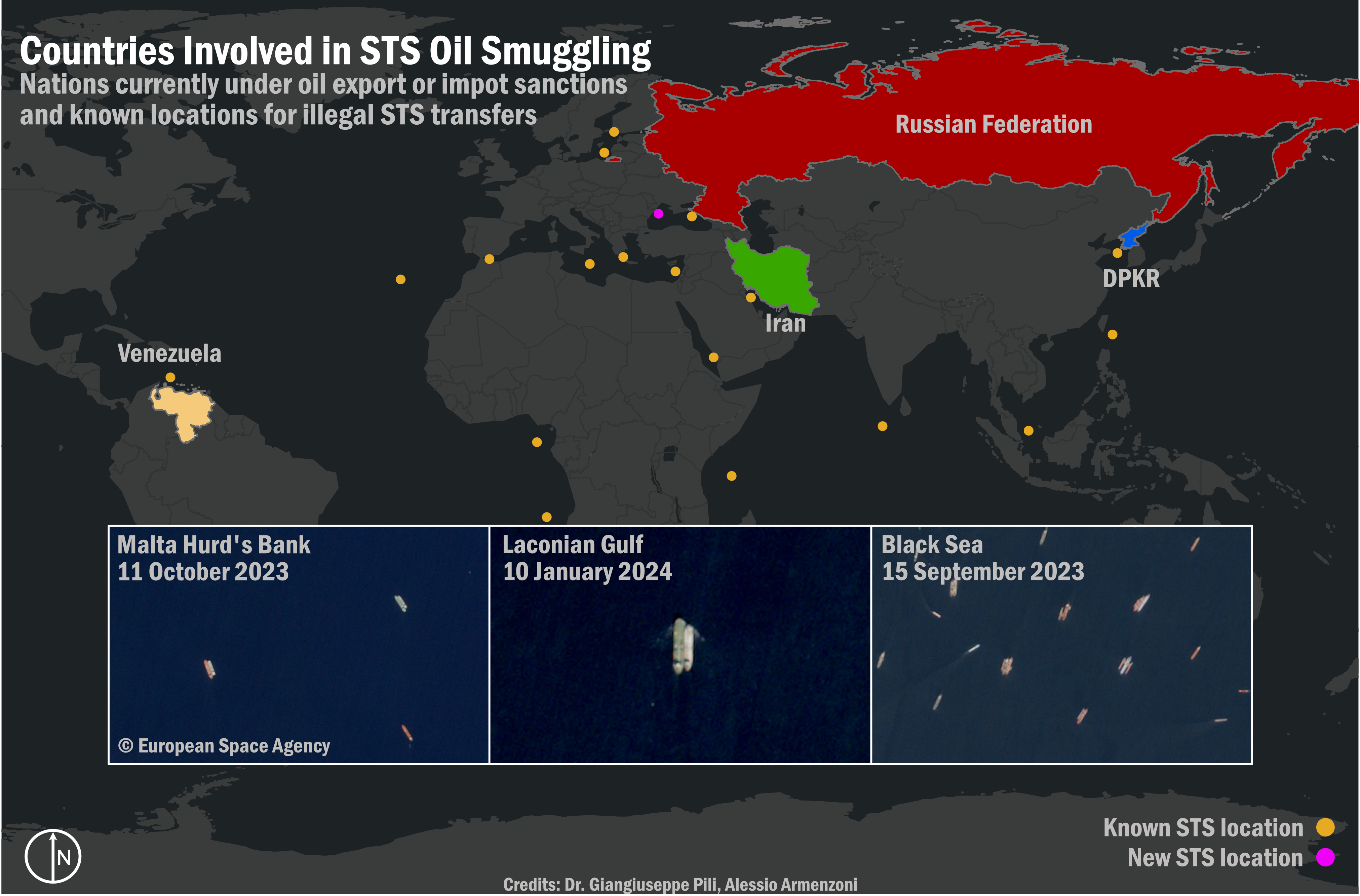 Figure 2: Countries under oil export/import sanctions that rely on STS transshipments. Imagery provided by European Space Agency, Windward. Data from Lloyd’s List Intelligence, Tradewinds, and the authors. 