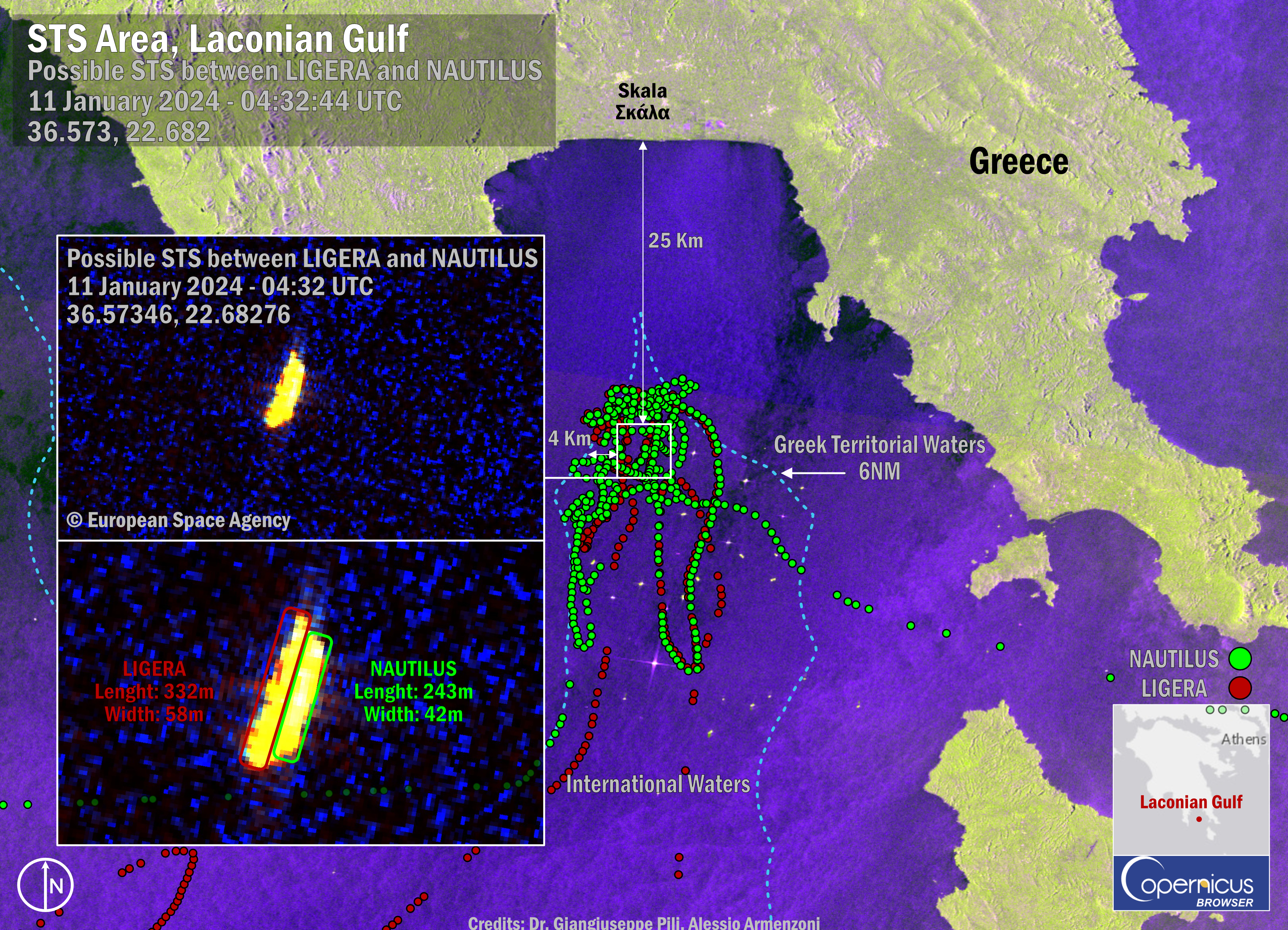 Figure 5: STS between LIGERA and NAUTILUS. Imagery provided by European Space Agency. AIS data provided by Global Fishing Watch. Annotated by the authors.