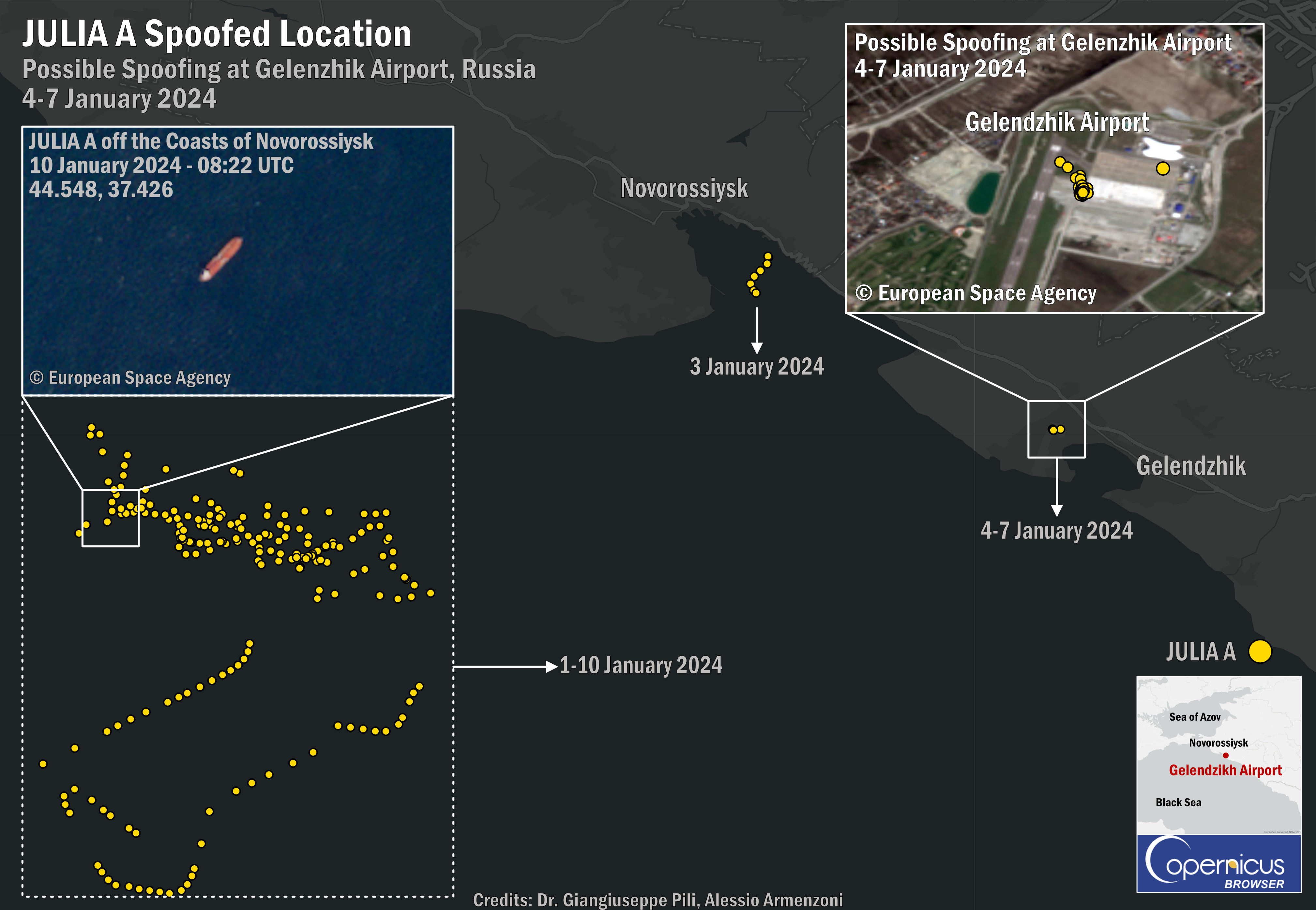 Figure 6: The JULIA A possible spoofing location. Imagery provided by European Space Agency. AIS data provided by Global Fishing Watch. Annotated by the authors. 