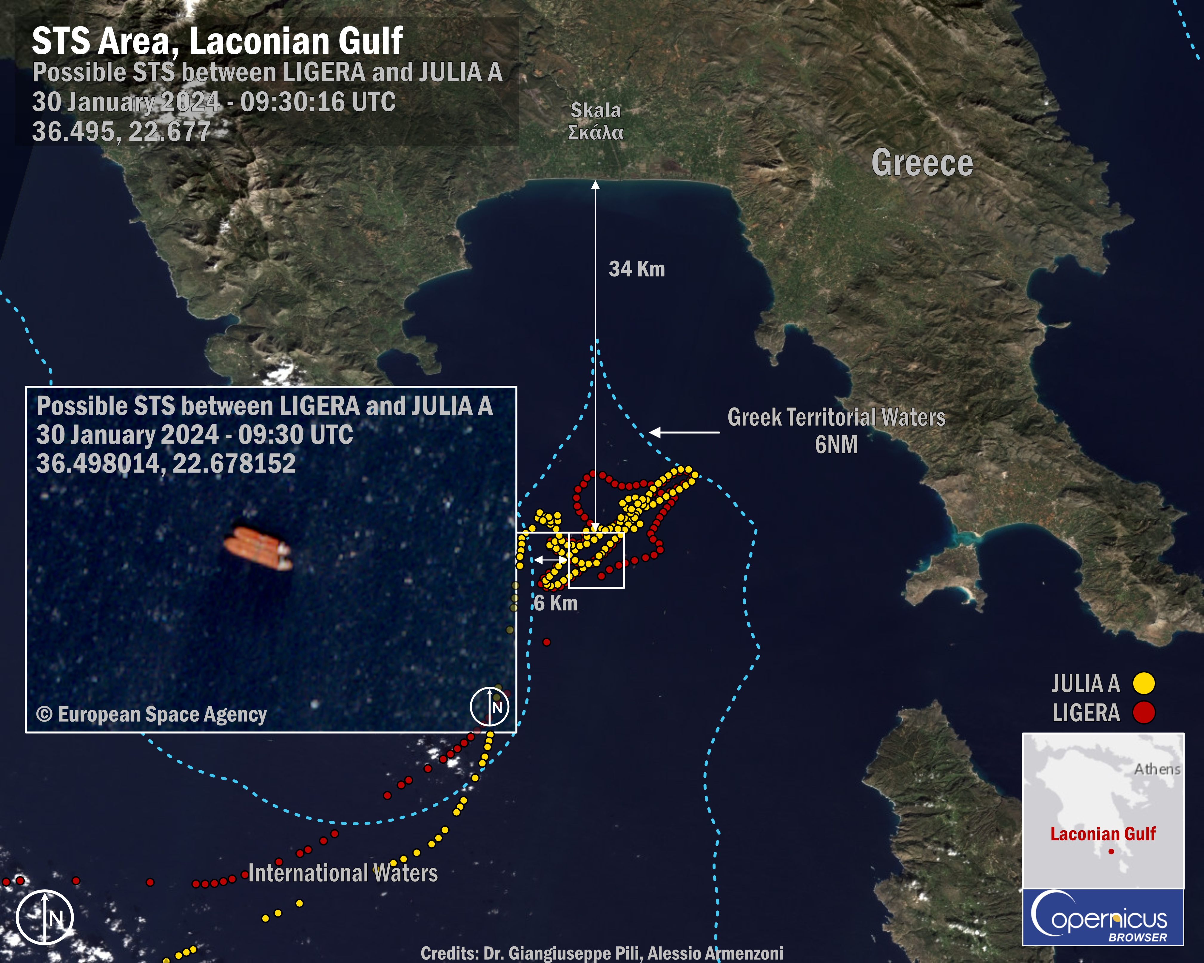 Figure 7: Possible STS between the LIGERA and the JULIA A. Imagery provided by European Space Agency. AIS data provided by Global Fishing Watch. Annotated by the authors. Given the high density of data, the image only shows AIS data for 30 January 2024. 