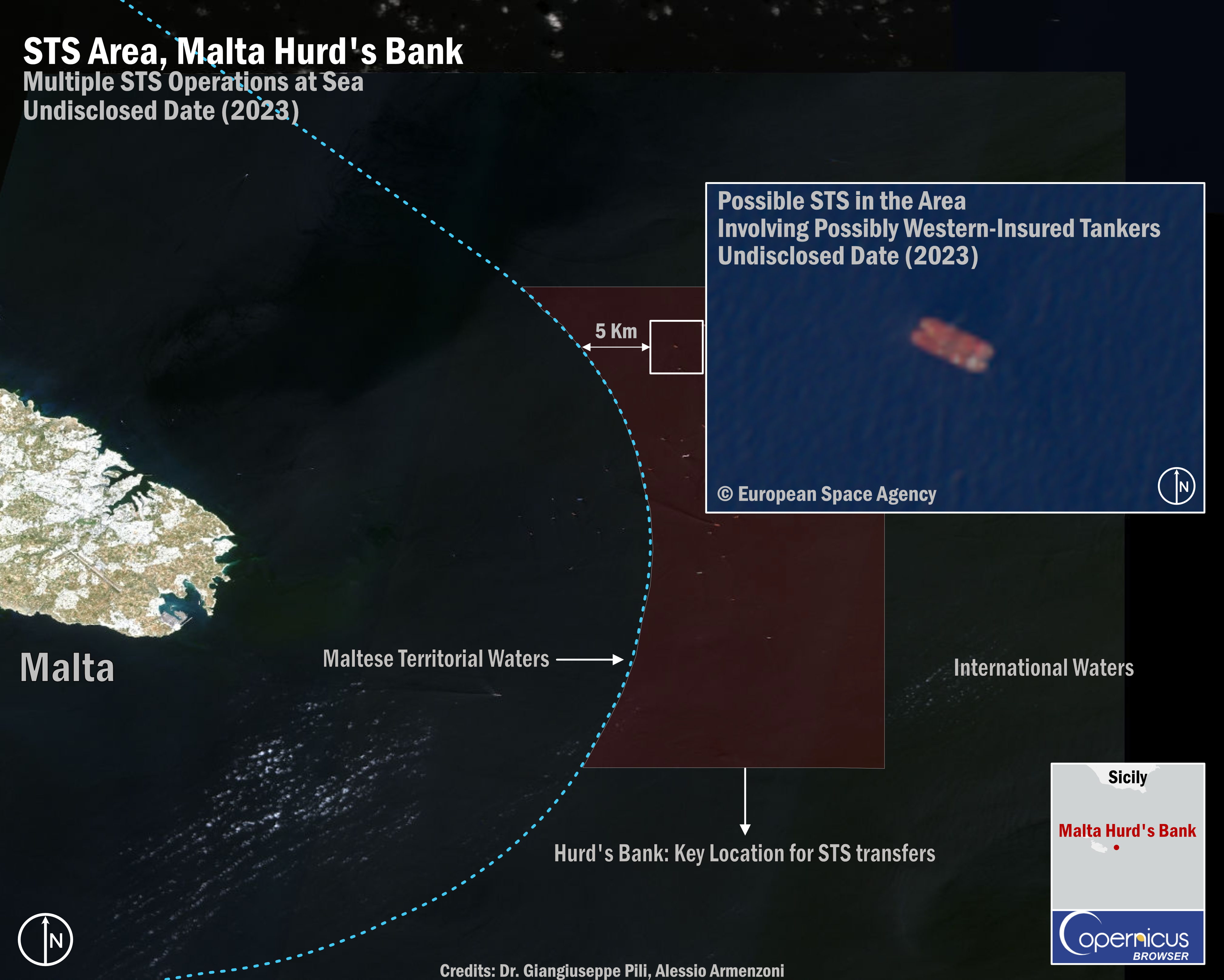 Figure 9: STS Between VESSEL A and VESSEL B at Hurd’s Bank. Imagery from European Space Agency. Annotated by the authors.