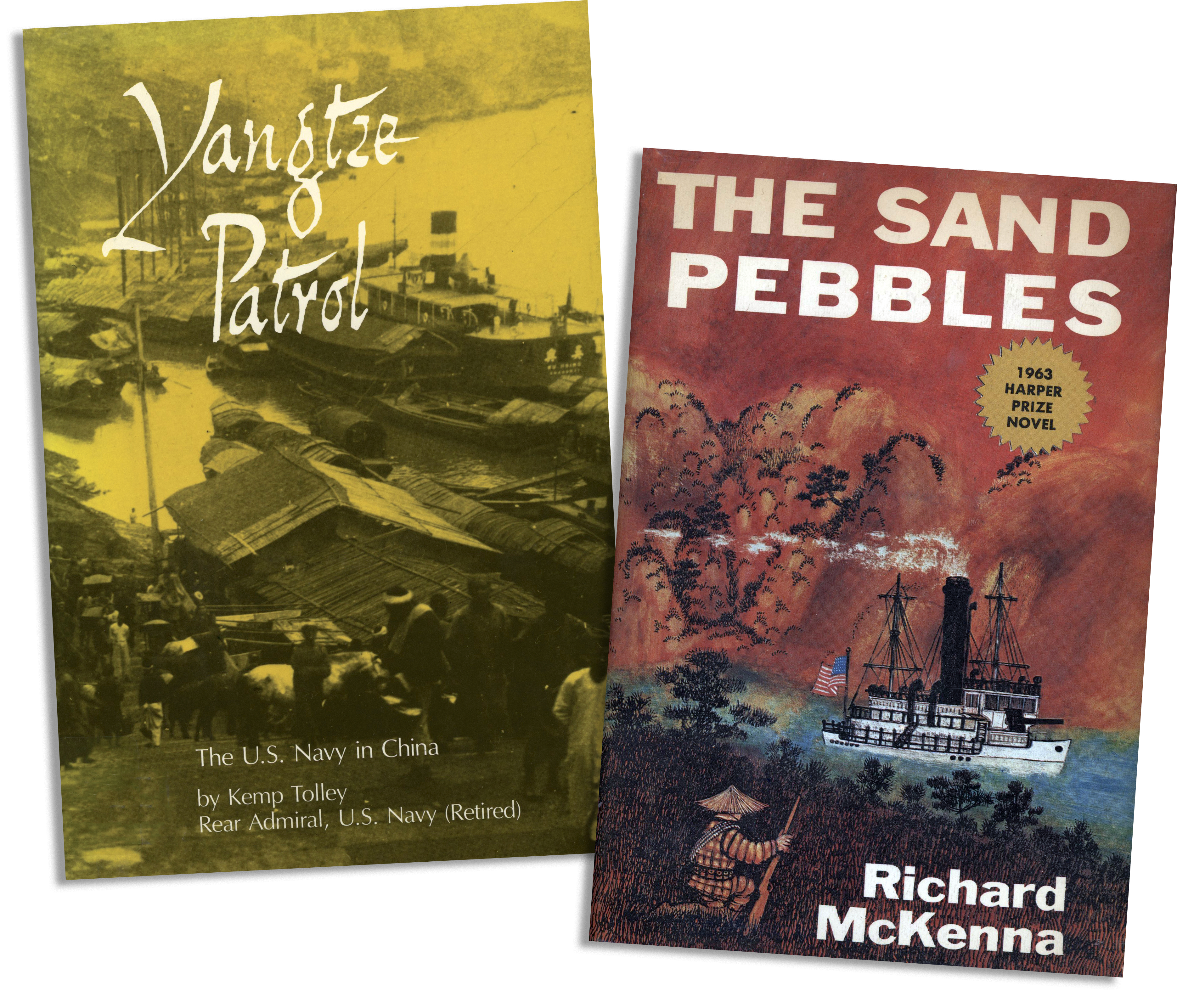 Book covers of "Yangtze Patrol" by Kemp Tolley and "The Sand Pebbles" by Richard McKenna