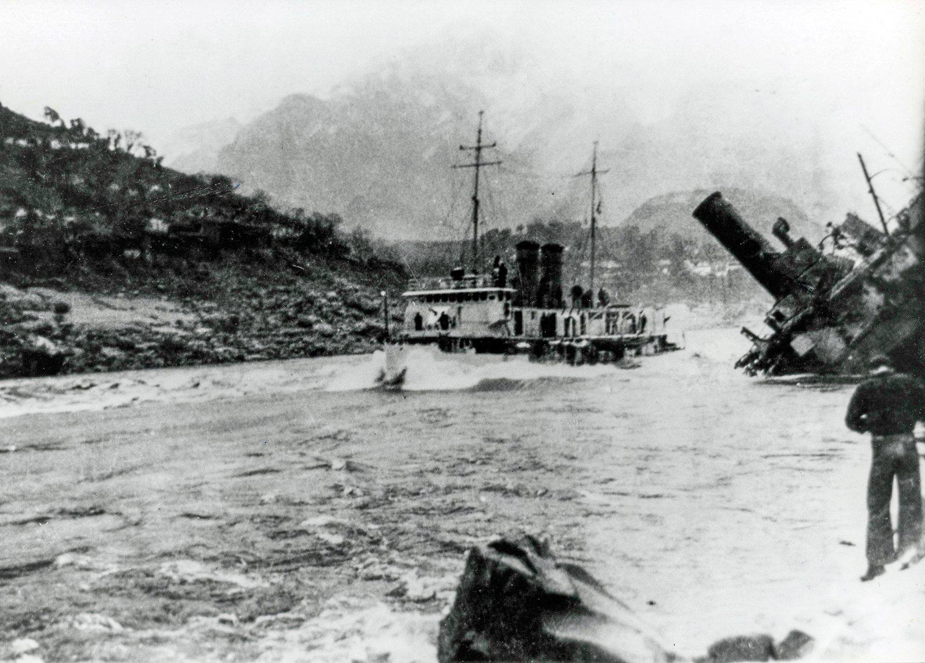 The gunboat Tutuila powers her way through a treacherous rapid above Ichang