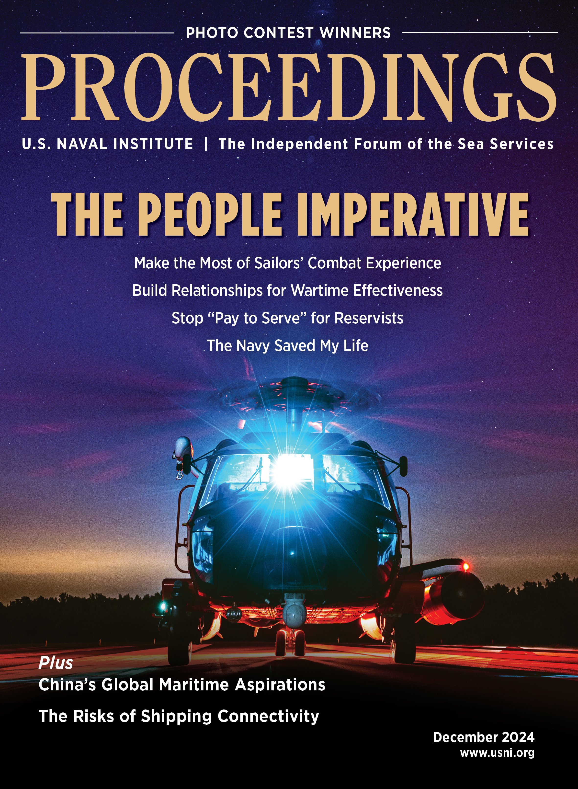 Dec 2024 Proceedings Cover featuring a helicopter illuminated in front of a purple sunset. 