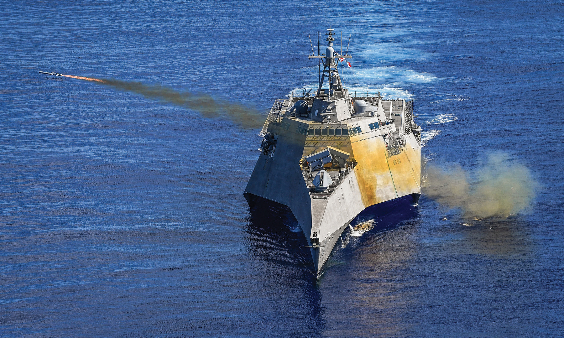 The littoral combat ship USS Gabrielle Giffords (LCS-10) launches a Naval Strike Missile in exercise Pacific Griffin in October 2019. In 2019, four littoral combat ships deployed overseas, as the surface navy began implementing a strategy of “mainstreaming LCS” into the force so that these ships will be considered no different than any other surface ship class in the fleet.  