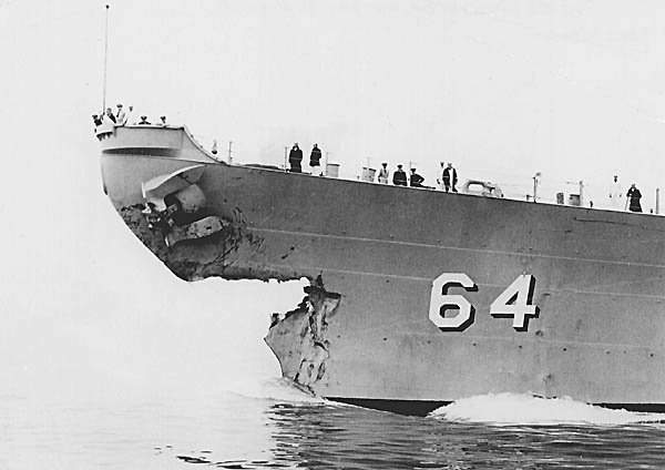 Damaged bow of the USS Wisconsin after collision with the USS Eaton.