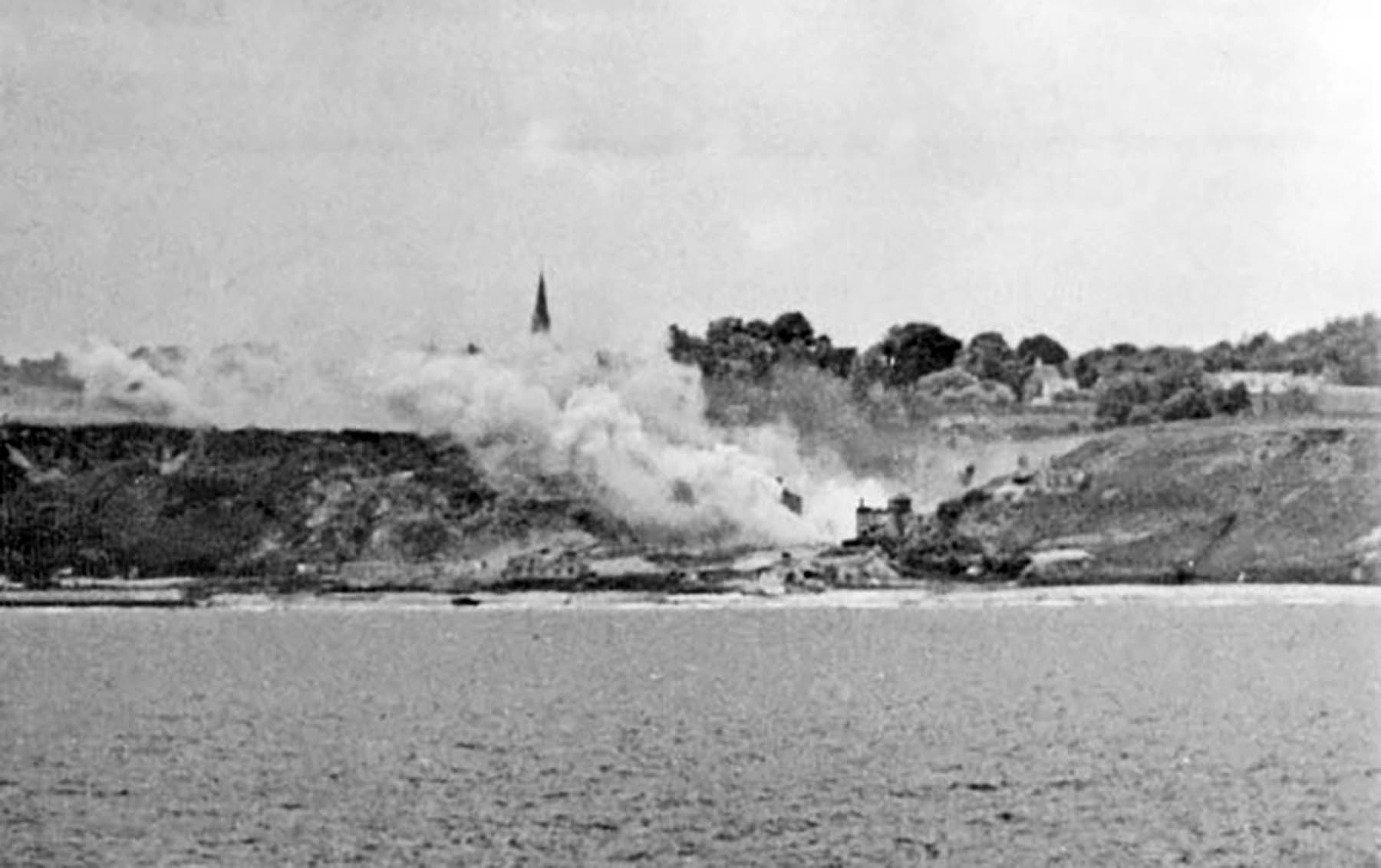 The church steeple at Vierville during the landings.