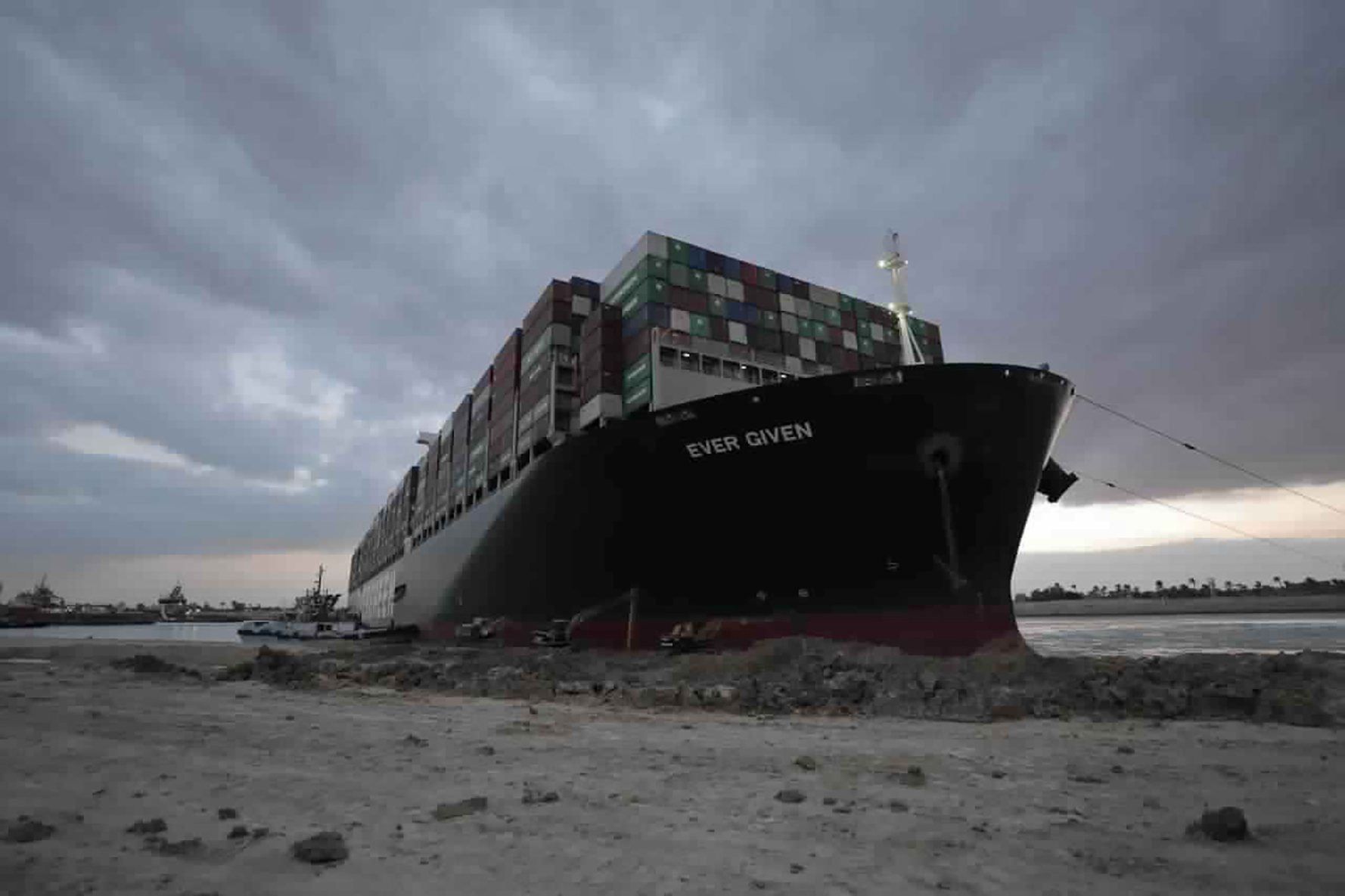 MV Ever Given's bow on the bank of the Suez Canal
