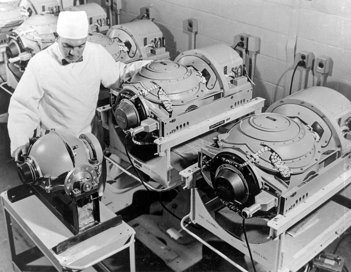 Polaris missile inertial guidance packages on the testing floor