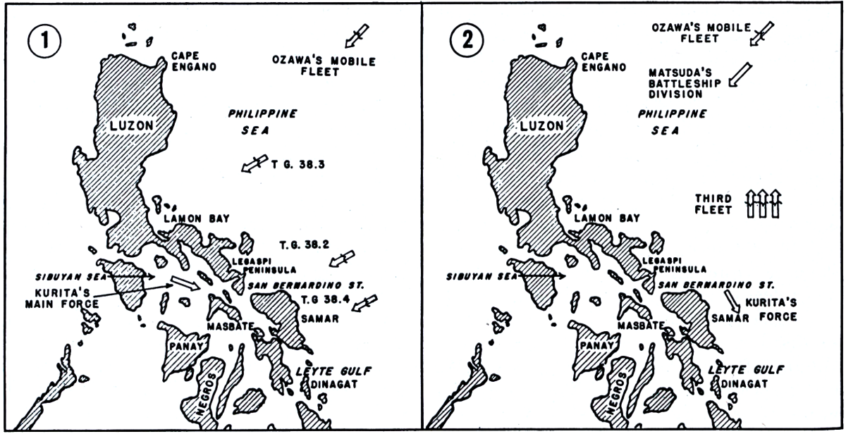 Map showing movements of Day 1 of the Battle of Leyte Gulf, 24 October 1944