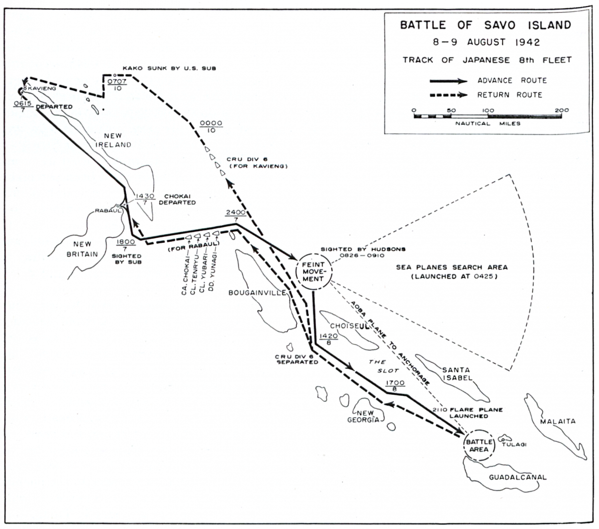 Map of the Battle of Savo Island showing track of Japanese 8th Fleet, 8-9 August 1942