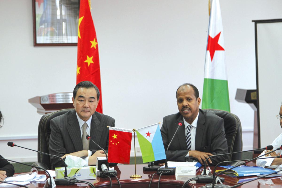 Visiting Chinese Foreign Minister Wang Yi (L) meets with his Djiboutian counterpart Mahamoud Ali Youssouf in Djibouti