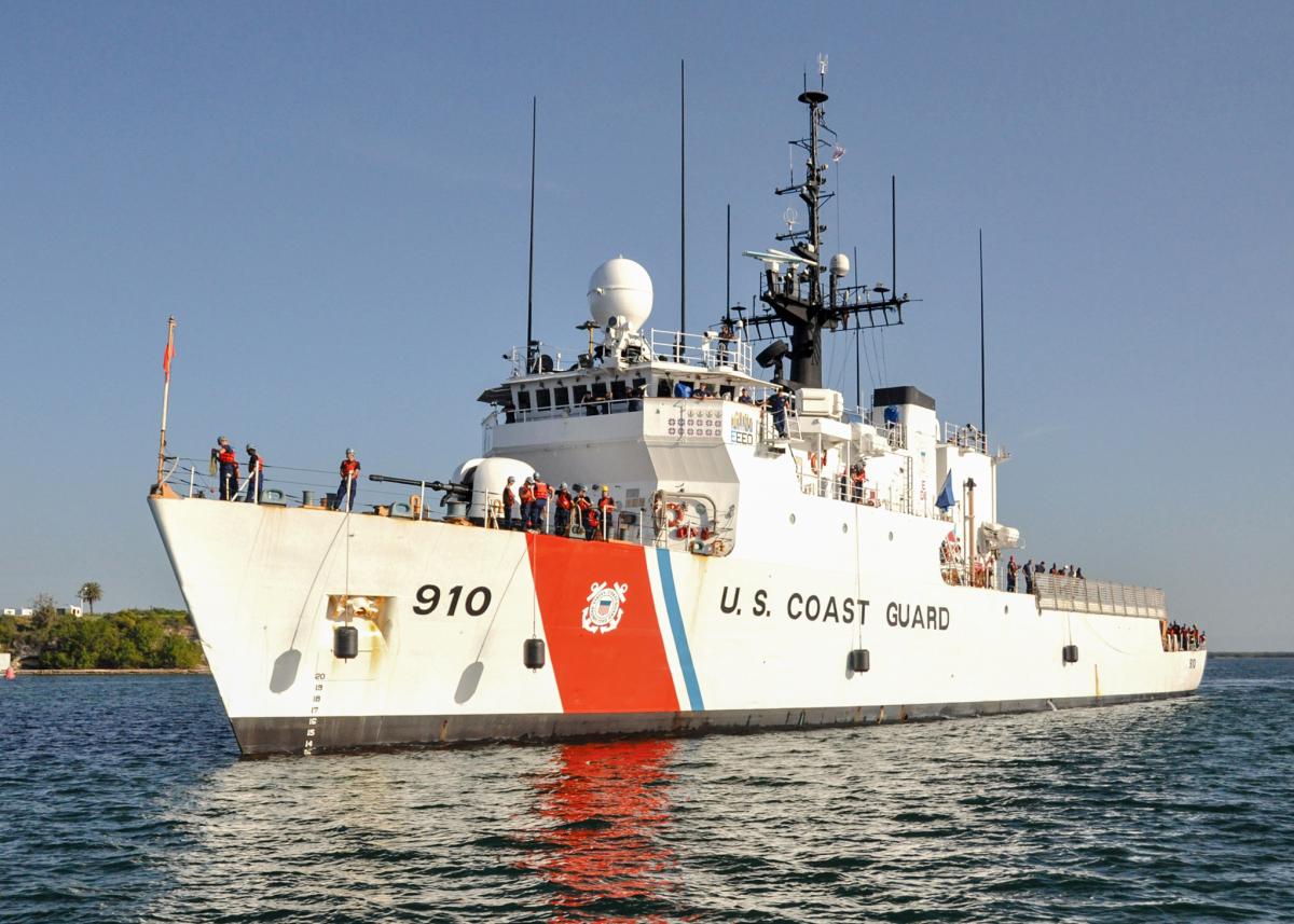 The United States Coast Guard medium endurance class cutter USCGC Thetis into the Naval Station Guantanamo Bay, Cu