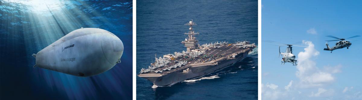 Composite of the Boeing Echo Voyager XLUUV, USS John C. Stennis (CVN-74), and an MQ-8B Fire Scout with a MH-60S helicopter