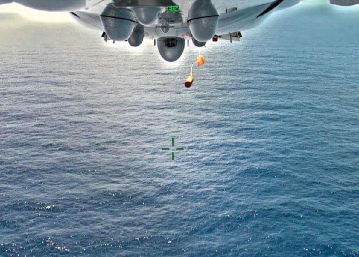 A UNI-PAC II Search and Rescue (SAR) kit is deployed from a P-8A Poseidon aircraft assigned to the "Fighting Tigers" of Patrol Squadron (VP) 8