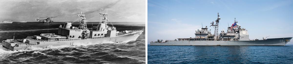 The Navy’s next surface ship needs to be the foundation for a family of combatants. For example, from the revolutionary propulsion system and large hull of the Spruance (DD-963, left), the Navy evolved the Kidd class, the Ticonderoga class and follow-on Aegis cruisers (right, the USS Anzio [CG-68]), and spun off the Arleigh Burke class. 