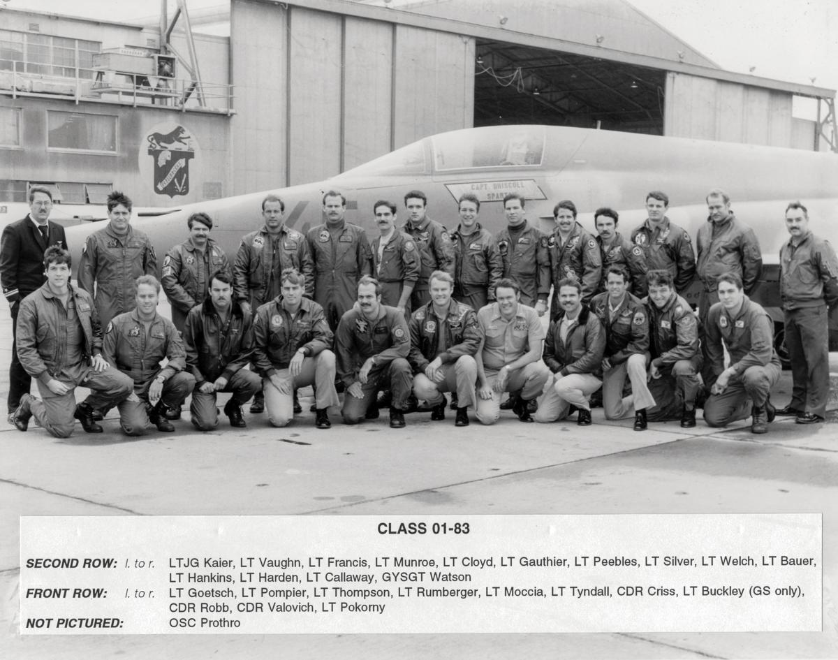 Class 01-83 of TOPGUN posing in front of an aircraft