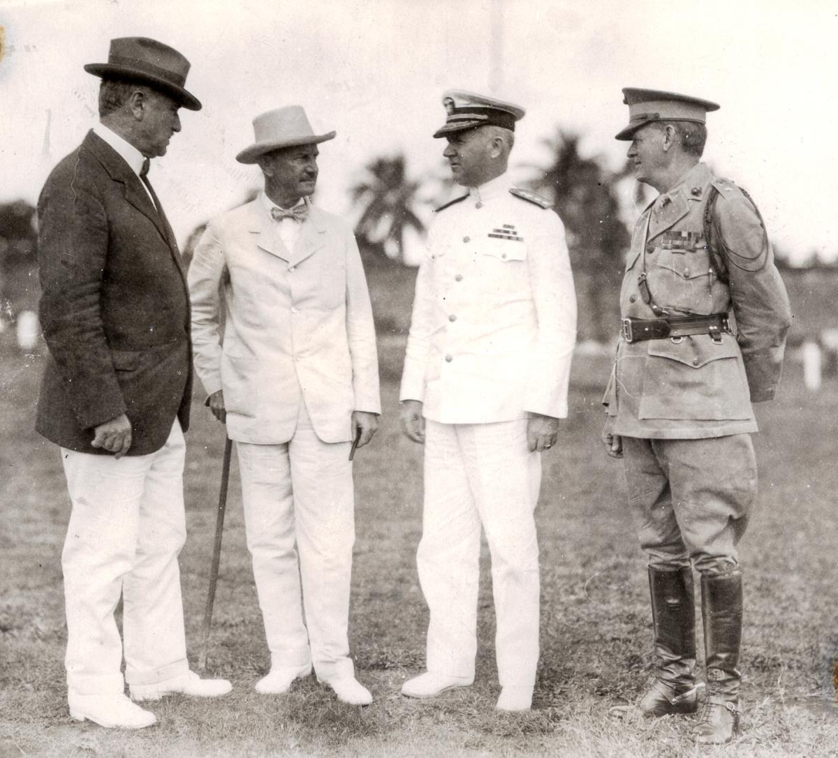 U.S. Minister to Nicaragua Charles Eberhardt, General Frank McCoy, Admiral David Sellers, and General Logan Feland in conversatio