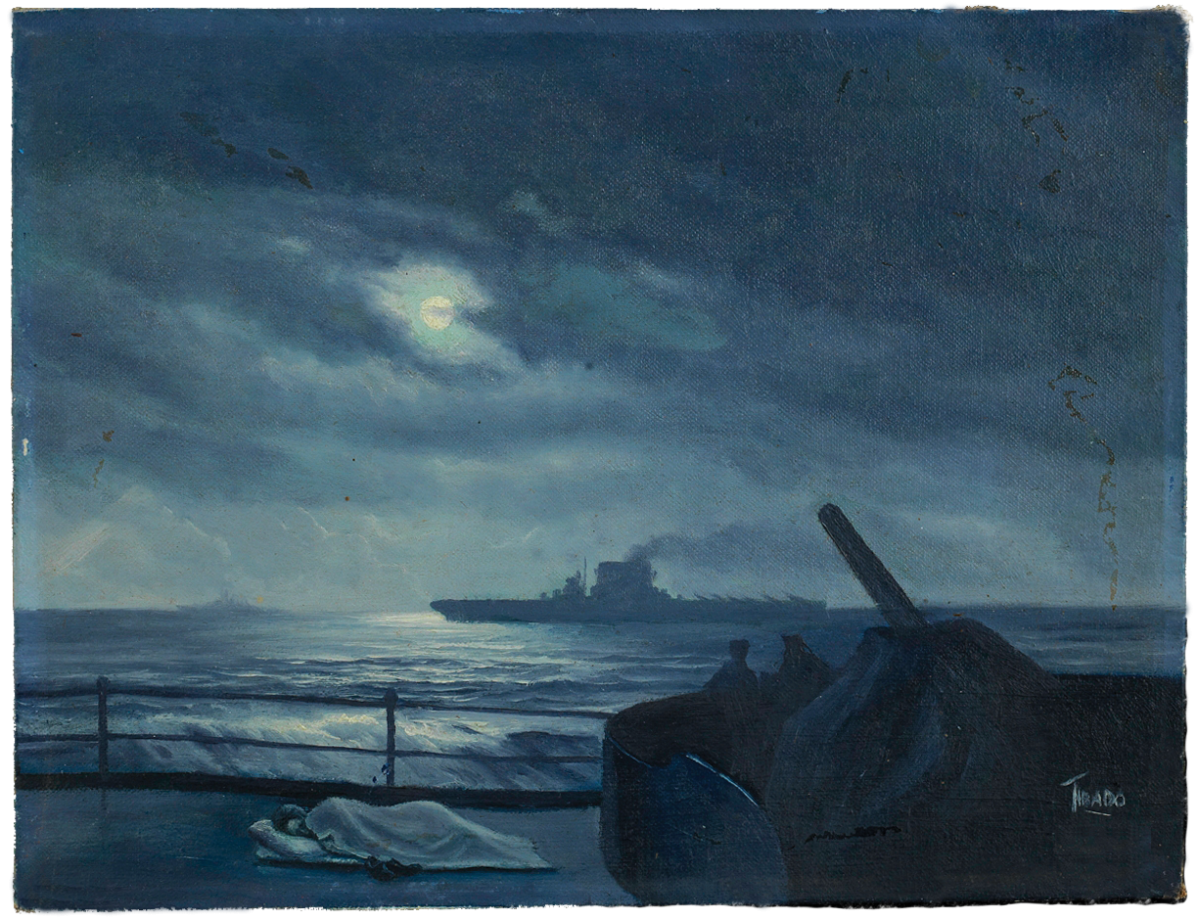 "Night Scene of Carrier—Sailor Sleeping on Deck" by Clarence J. Tibado