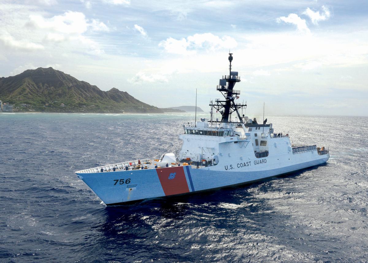 Aerial oblique port bow view of the USCGC Kimball (WMSL-756) transiting past Dimond Head on Oahu, Hawaii