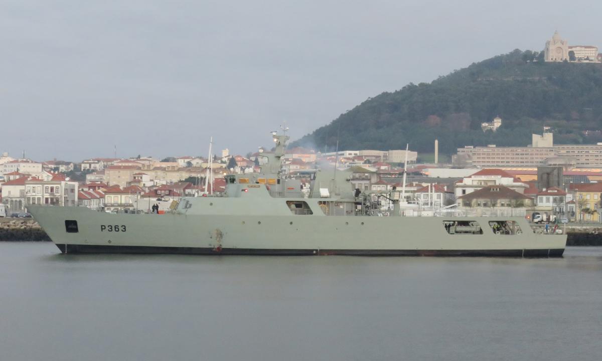 Port profile view of the Portuguese Navy Offshore Patrol Vessel Setúbal moored to a seawall.