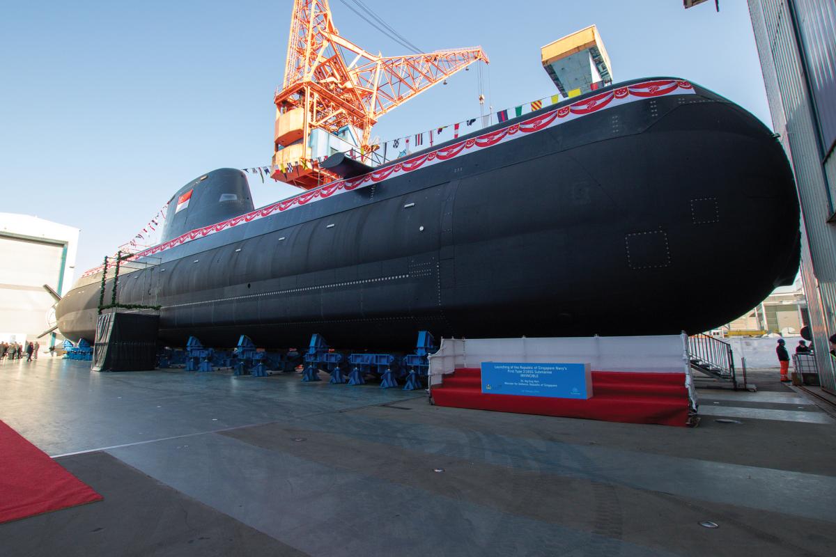Starboard bow view of the Singaporean submarine Invincible at her launching in February 2018