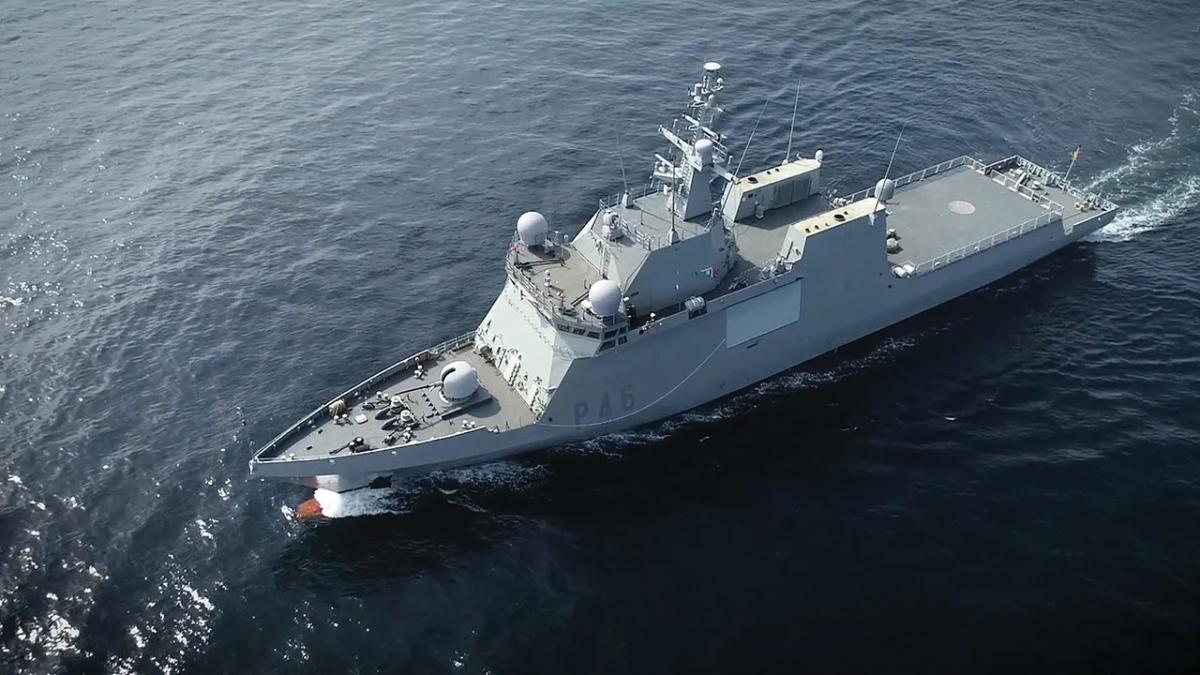 Aerial oblique port bow view of the Spanish offshore patrol vessel Furor underway at sea