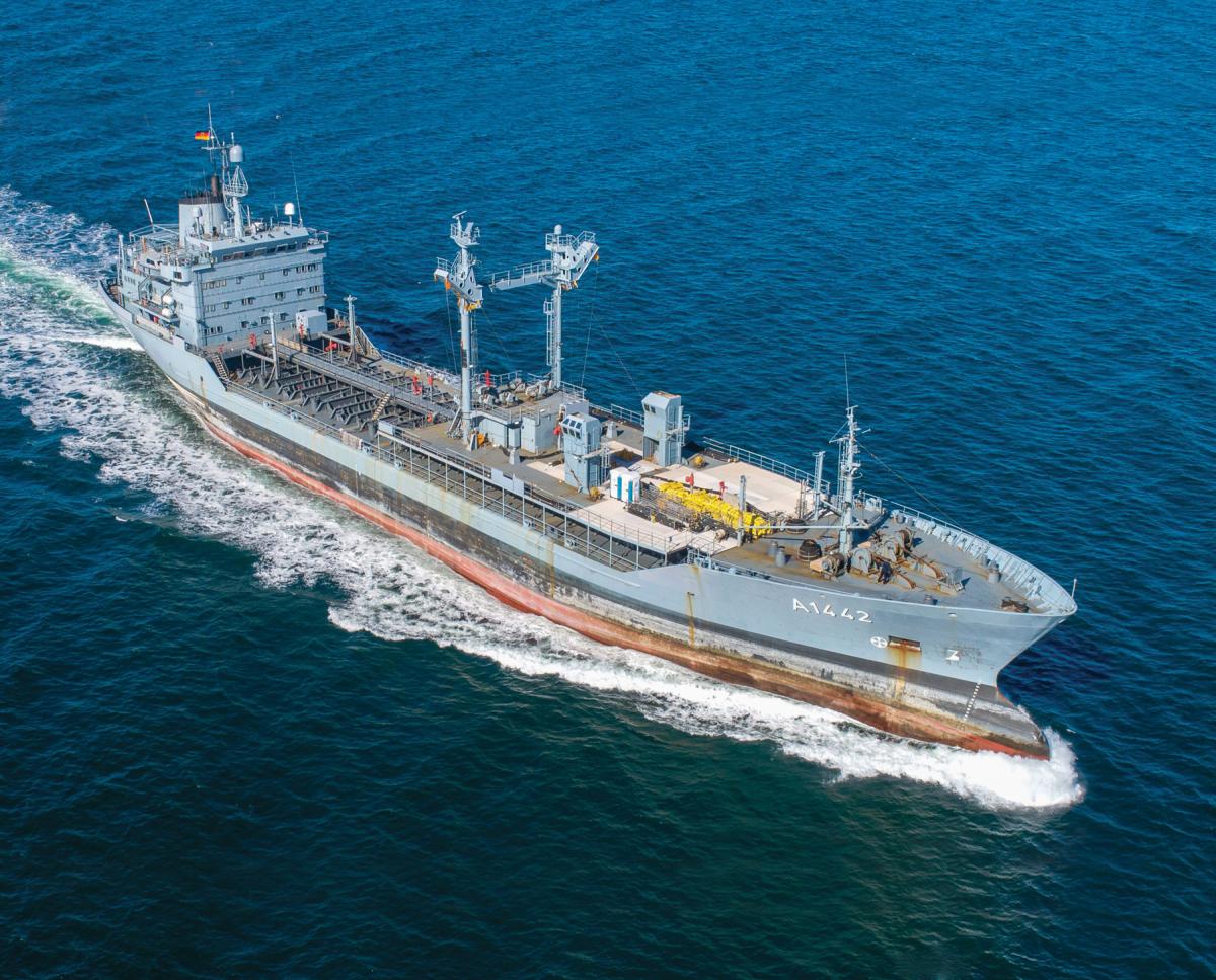 Aerial oblique starboard bow view of the German replenishment tanker Spessart underway